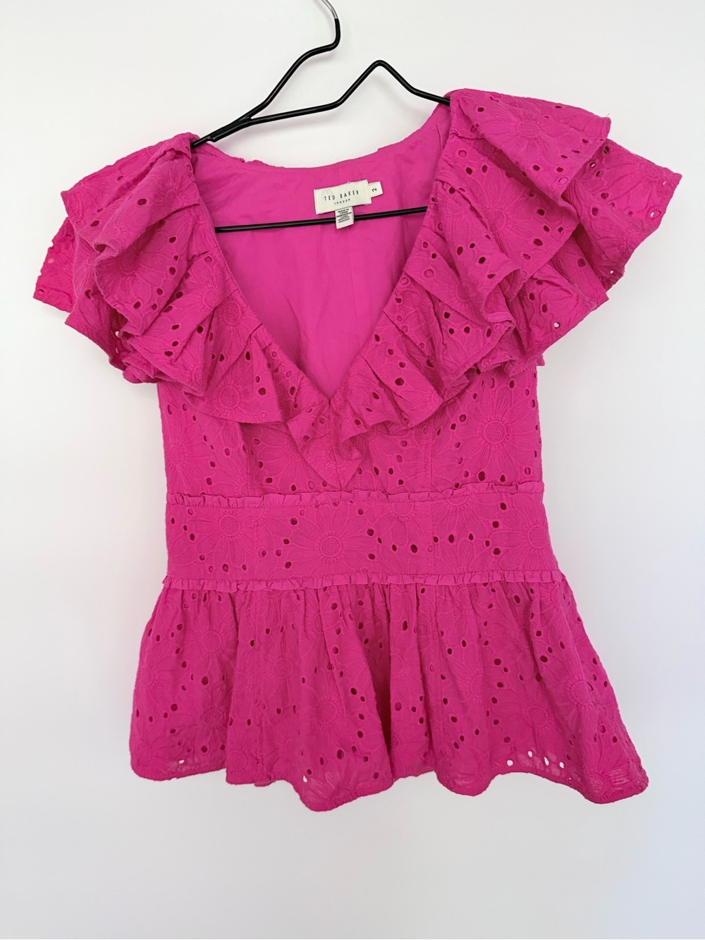Ted Baker Fuchsia Eyelet Ruffle V-Neck Peplum Top